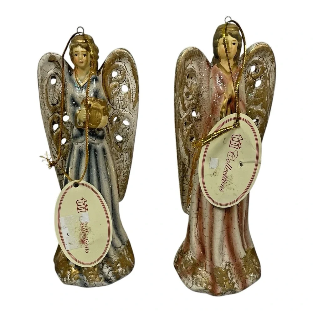 VTG Style Resin Angel Ornaments Set of 2 Crackle Glaze Gold Wings Harp Decor